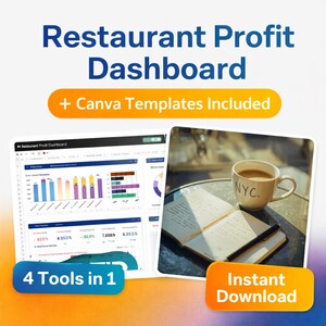 May include: A digital product image with the text "Restaurant Profit Dashboard" and "+ Canva Templates Included". The image includes a coffee cup, notebook, and a dashboard interface with charts and graphs. The text "4 Tools in 1" and "Instant Download" are also present.