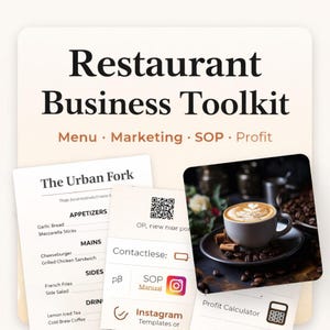 May include: Restaurant Business Toolkit with menu, marketing, SOP, and profit tools. Includes a menu template, a coffee cup, and an Instagram template. The toolkit is designed for restaurant businesses.