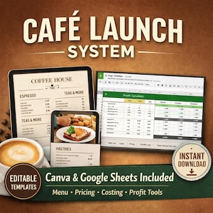 Système de lancement et de croissance des cafés indépendants | Modèles de menus Canva + feuilles Google | Trousse d'affaires pour café-restaurant | Prix, menu, planificateur de bénéfices