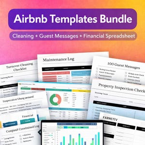 Könnte beinhalten: Grafik eines Airbnb-Vorlagenpakets mit dem Text "Airbnb Templates Bundle" und "Cleaning + Guest Messages + Financial Spreadsheet". Das Bild zeigt verschiedene Checklisten, Protokolle und Tabellen.