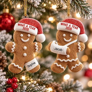 May include: Two gingerbread person ornaments with red glitter Santa hats, each printed with "WHAT A YEAR 2026". One ornament features a white cast on its leg labeled "Sophia", while the other has a white arm sling labeled "Jacob".