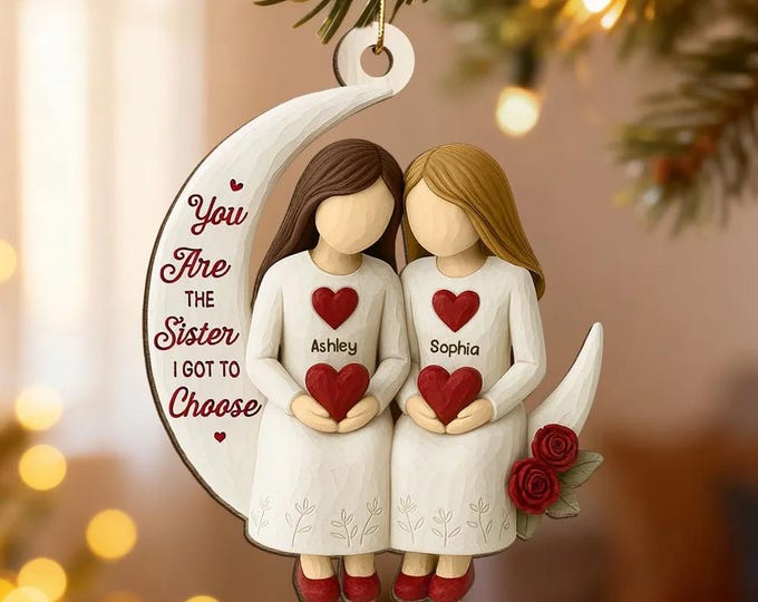 Custom Besties On Moon 3D Effect Roses Wood Ornament, Christmas Friendship Ornament, Besties Christmas Keepsake, Best Friends Home Decor