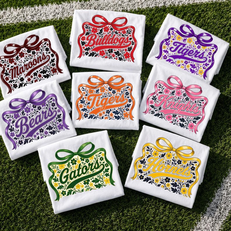 May include: Eight white t-shirts arranged in a grid, each featuring a colorful ribbon bow graphic framing a floral pattern and a team name. The names include Maroons, Bulldogs, Tigers, Bears, Tigers, Knights, Gators, and Hornets in various colors.