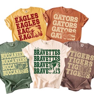 Puede incluir: Cinco camisetas de manga corta en varios colores, cada una con el nombre de un equipo y un gráfico de mascota. Las camisetas presentan las palabras "EAGLES", "GATORS", "BUCCANEERS", "BRAVETTES" y "TIGERS" en negrita. Las camisetas son de material suave.