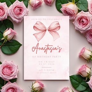 Convite de 1º Aniversário Editável com Fita | Cartão de Primeiro Aniversário para Menina para Imprimir | Download Digital Personalizado