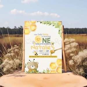 Bearbeitbare Bienen-Geburtstagseinladung, süße Bienen-Party-Vorlage, gelbe digitale Einladung, sofortiger Download, Geburtstagseinladung, erster Geburtstag