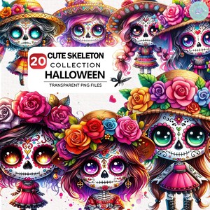 Niedlicher Tag der Toten Clipart Bundle, 20 PNG Spooky Saison, Kawai Skelett Clipart, niedliches Skelett Png, Halloween Cliparts, mexikanischer Png