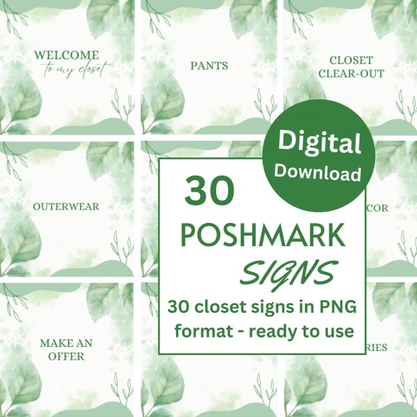 30 Poshmark Signs Green Leaf Botanical Digital Download For Reseller Online Shop Organization Closet Categories Boutique Shop