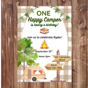 One Happy Camper Birthday Invitation | Camping First Birthday Party | Digital Canva Template | Editable on Canva | Instant Download