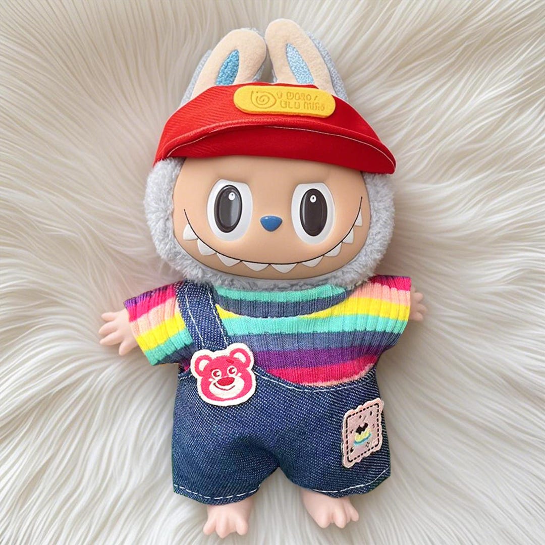 Labub Outfits Rainbow Striped Shirt and Denim Overalls Set,labubu Clothing ...