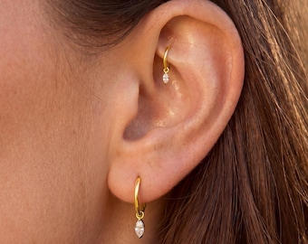 16G/18G/20G Marquise Dangle Huggie Hoop, Implant Grade Titanium Clicker, Dainty Helix Piercing Jewelry, Cartilage Hoop, Sensitive Ears