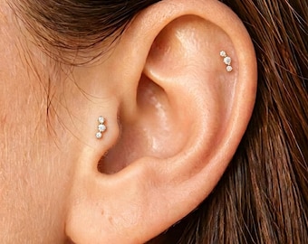 Implantatkvalitet titan gänglös trycknålslabret, litet örhänge med tre cz-kristaller, broskstift, helix-tragus-piercing, 16G 18G 20G