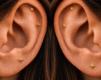 Starburst Threadless Flat Back Labret, Implant Grade Titanium Helix Stud, Push Pin Cartilage Earring