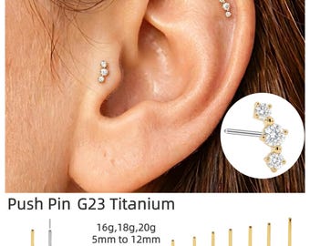 Labret de titanio de grado implante sin rosca con pasador a presión, pendiente pequeño de tres circonitas planas, pendiente de cartílago, piercing de hélix, tragus y concha, 16G 18G 20G