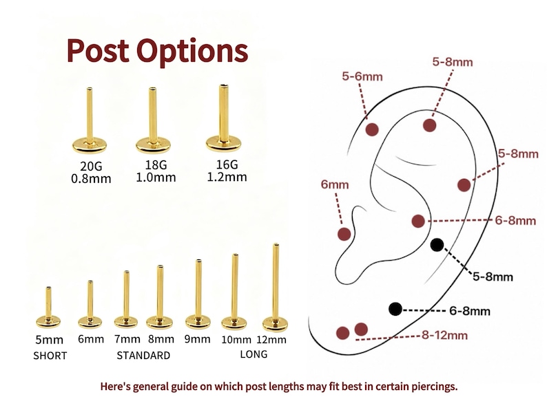 May include: Gold-coloured metal flat back piercing posts with varying gauges of 20G (0.8mm), 18G (1.0mm), and 16G (1.2mm), plus lengths from 5mm to 12mm. An ear diagram shows recommended post lengths for specific piercing locations on the ear.