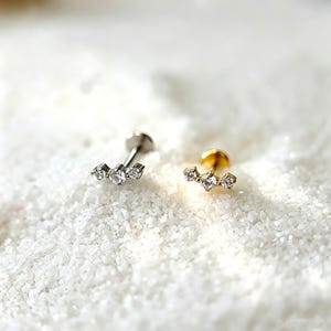 Può includere: Due piercing labret con barra curva e tre pietre chiare a taglio rotondo disposte in fila. Uno è in metallo color argento e l'altro in metallo color oro. Ogni pezzo presenta un disco circolare piatto sul retro per il fissaggio.