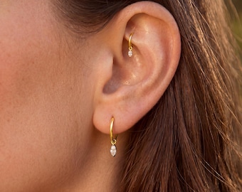 16G/18G/20G Marquise Dangle Huggie Hoop, Implant Grade Titanium Clicker, Dainty Helix Piercing Jewelry, Cartilage Hoop, Sensitive Ears
