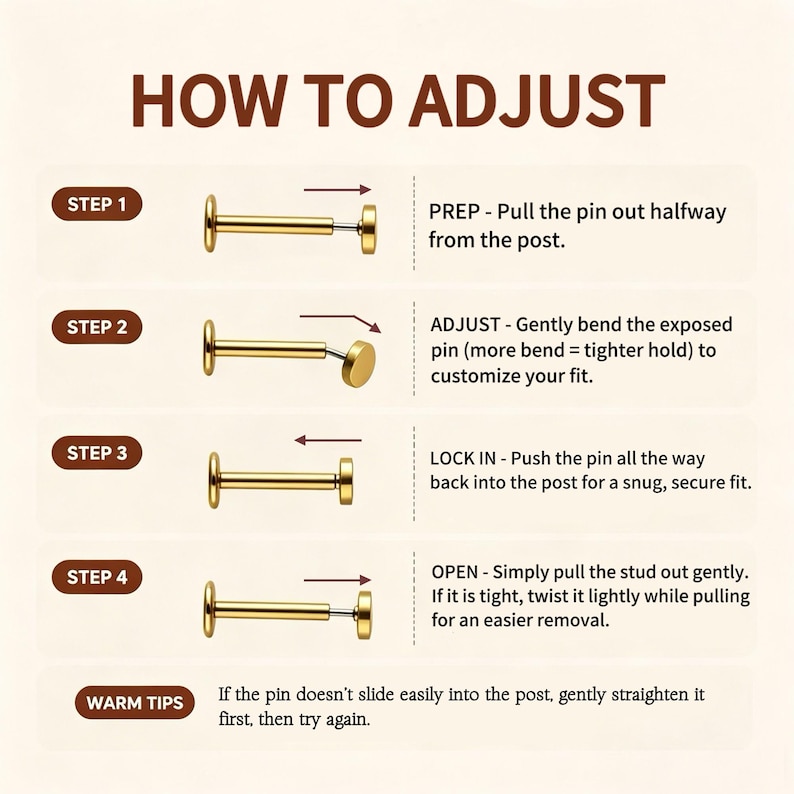 May include: An instructional graphic titled HOW TO ADJUST showing four steps for a gold-coloured push-pin stud earring. Step 1: Pull pin halfway. Step 2: Bend pin for fit. Step 3: Push pin back in. Step 4: Pull stud out. Includes a WARM TIPS section for maintenance.