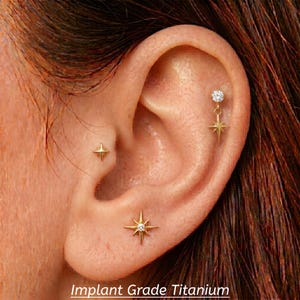 Peut inclure: Gros plan sur une oreille ornée de trois boucles d'oreilles en forme d'étoile dorée. L'une est un petit clou, une autre a une étoile pendante et la troisième est une étoile avec une gemme centrale. Le texte "Implant Grade Titanium" est visible.