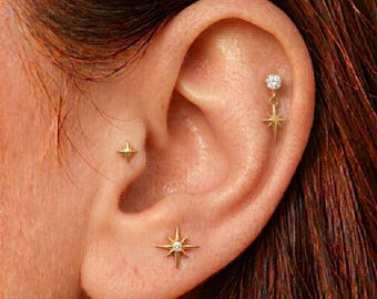 Titanium Starburst Push Pin Labret, 16G 18G 20G Threadless Flat Back Earring, Dainty Celestial Cartilage Tragus Helix Stud, Nose Piercing