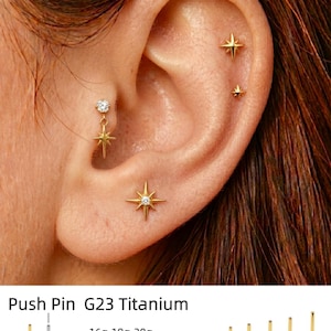 Puede incluir: Oreja adornada con pendientes y tachuelas doradas en forma de estrella. Un pendiente tiene una estrella colgante con una pequeña gema. Otros pendientes son tachuelas en forma de estrella. El texto "Push Pin G23 Titanium" es visible.