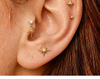 Titan Starburst Push-Pin Labret, 16G 18G 20G fadenlose flache Rückseite Ohrring, zierlicher Himmlischer Knorpel Tragus Helix Bolzen, Nasenpiercing