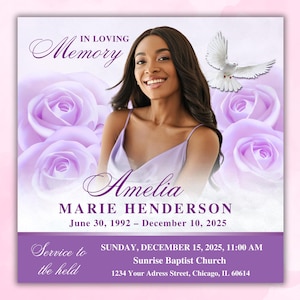 Flyer begrafenisaankondiging Purple Rose, begrafenisuitnodiging, digitale begrafenisaankondiging, overlijdensadvertentie, viering van het leven, in Loving Memory