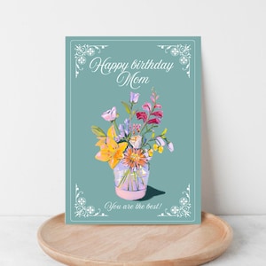 Alles Gute zum Geburtstag Mama Karte - Druckbare Blumenvasenkarte | Weiche Pastelle, bearbeitbare Canva-Vorlage, sofortiger Download