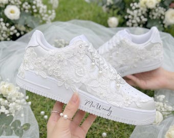 Bridal Sneakers, Floral Silver Wedding Sneakers, Pearl Custom Bridal Shoes