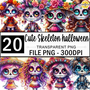 Cute Day Of The Dead Clipart Bundle, Cute Skeleton Png Clipart, Halloween Clipart, Kawai Skeleton Png, Spooky Season Clipart, 20 Design Png