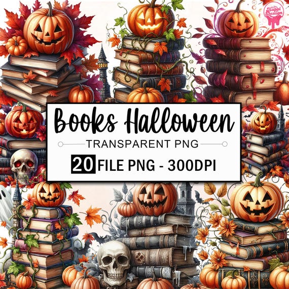 Stack Of Books Clipart Bundle, Halloween Books Png, Spooky Vibes Clipart, Pumpkins Books Png, Gothic Clipart, Pumpkins Png