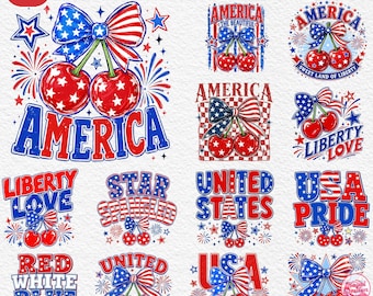 Bundle Cerise Amérique Png, 20 PNG Rouge Blanc Bleu, 250 Ans D'Amérique Png, 4 Juillet png, Girly USA Png Bundle, Coquette Noeud Png