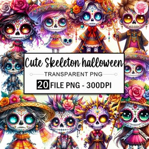 Niedlicher Tag der Toten Clipart-Bundle, süßes Skelett Png, Halloween Clipart, Kawai Skelett Png, gruselige Saison Clipart, Schädel Png