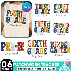 School Supplies Teacher Canva Template, 6 PNG Custom Teacher, Patchwork Teacher Template, Teacher Png, Back To School Editable, School Png
