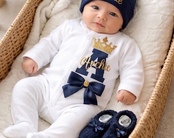 Newborn baby boy homecoming outfit a FULL SET is a sleepsuit booties hat. Personalised add a keepsake suitcase or matching blanket