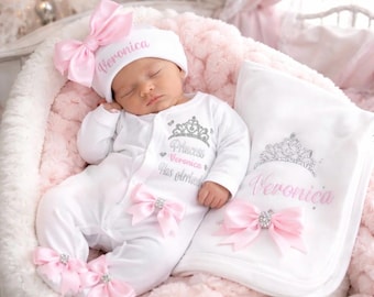 Newborn baby a FULL SET is sleepsuit hat mitts. EXTRAS  add a personalised blanket or keepsake suitcase or a teddy 2nd pic is original