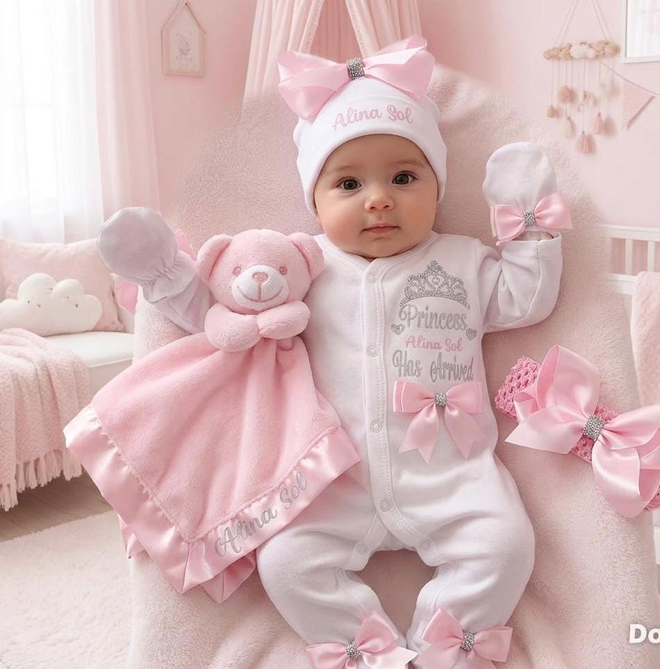 Newborn baby FULL SET is sleepsuit hat mitts headband. EXTRAS add a cotton blanket or suitcase or teddy or gift box 2nd pic is the original