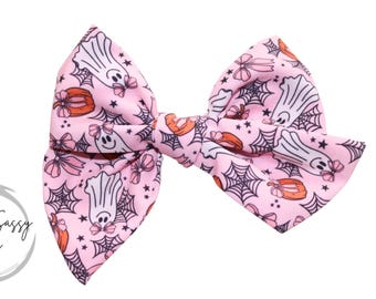 Ghost Hair Bow or Headband, Pink Halloween Hair Clip, Spiderwebs