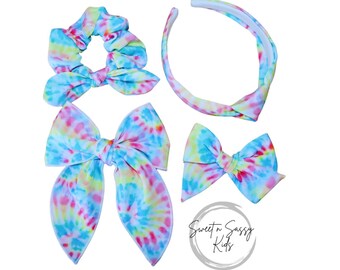 Rainbow Tie Dye Hair Accessory, Hair Bow, Scrunchie, Top Knot Headband