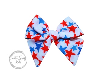 Stars Hair Bow, Small Hair Bow, 3.5 inch wide, July 4th Bow, Baby Headband, Military Bow, Memorial Day Bow, 4th of July Bow, 4OJ, Pink