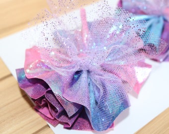 Holographic Shredded Pigtail Bows, 4" wide, Pink Purple Mermaid Sparkle, Birthday, Girls Fabric Bow, Baby Headband