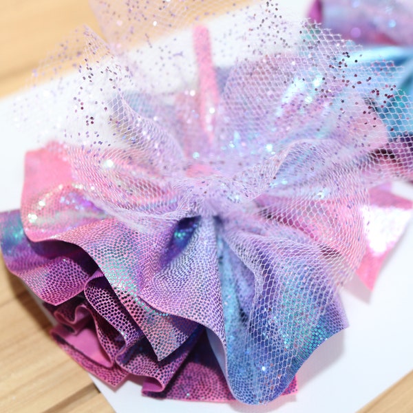 Holographic Shredded Pigtail Bows, 4" wide, Pink Purple Mermaid Sparkle, Birthday, Girls Fabric Bow, Baby Headband