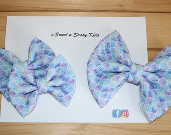 Mermaid Scales Bullet Bow or Pigtail Set, 5" Bow, Headband, Hair Clip, 3.5" Pigtail Set, Toddler Hair Clips