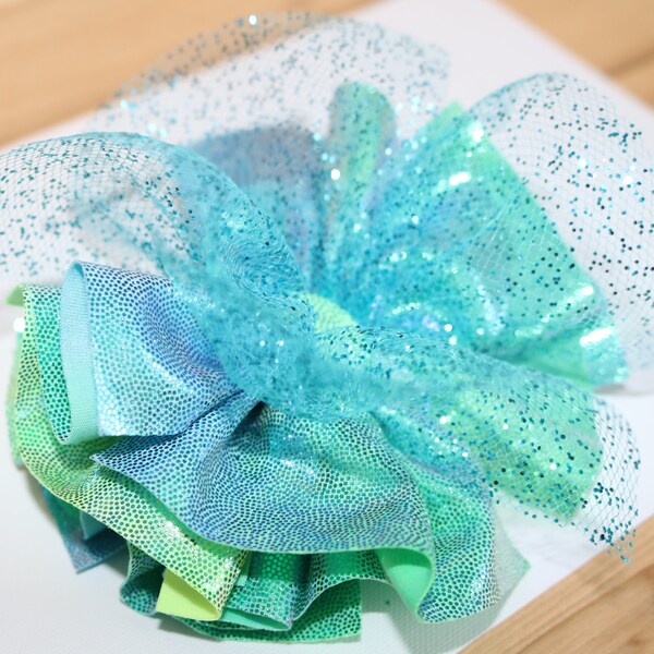 Holographic Shredded Pigtail Bows, 4" wide, Blue Green Mermaid Sparkle, Birthday, Girls Fabric Bow, Baby Headband