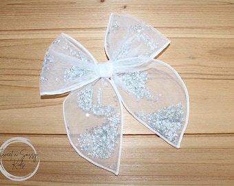 Diamond Shaker, Large Fable Hair Bow, Girls Bow, Big Bow, Girls Hair Bow, White Bow, Star Shaker Bow, Snowflake, Confetti Shaker Bow