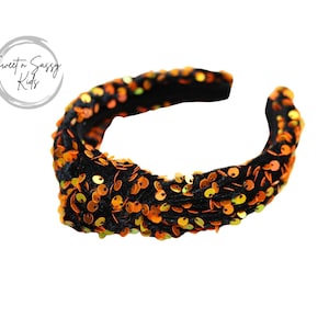 Halloween Sequin Headband, Black Velvet, Top Knot Headband, Hard Headband, Hair Accessories, Girls Headband, Sequin Knotted Headband, Orange