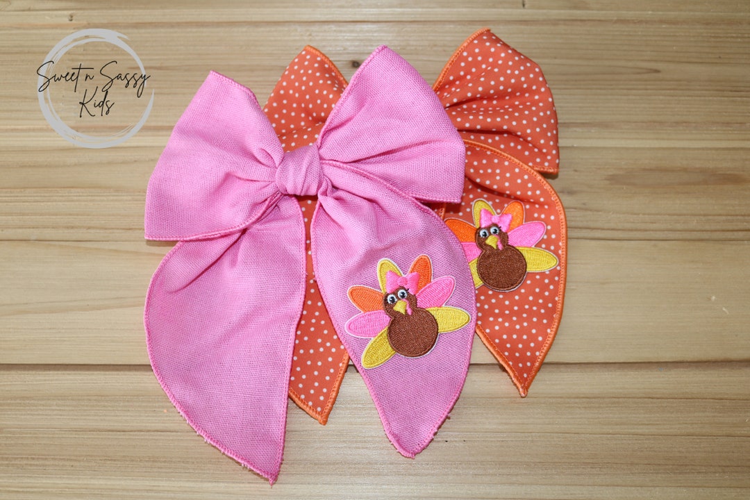 Turkey Bow, 5.5 Inch Wide, Embroidered Patch Bow, Serged Bow