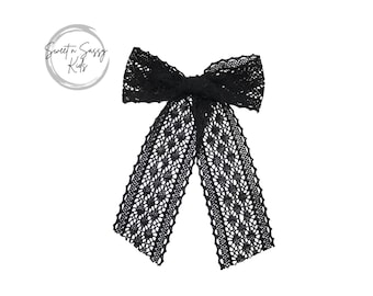Black Lace Long Tail Hair Bow: 6 inch, Scalloped Edge, Concert or Wedding