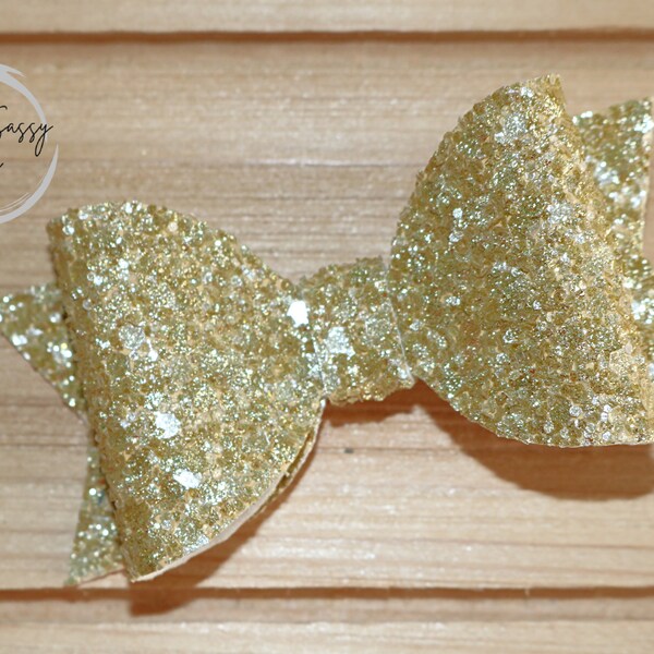 Gold Iced Chunky Glitter Bow, Pigtail Set, 3 Inch Bows, Gold Bow, Piggie Tails, Sparkly Bow, Gold Hair Clip, Pigtail Bow Set, Gold Glitter