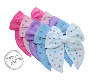 Pearl Hair Bow, Velvet Bow, Easter Hair Bow, 5.5 inch bow, Girls Bow, Pink Bow, Spring Fable Bow, Pearl Fable Bow, Big Fable Bow, Solids